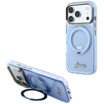 Калъф Guess Ring Stand Script Metal Logo MagSafe (GUHMP18L6HCCMSB) - iPhone 18 Pro / iPhone 17 Pro - Светлосин