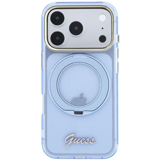 Калъф Guess Ring Stand Script Metal Logo MagSafe (GUHMP18L6HCCMSB) - iPhone 18 Pro / iPhone 17 Pro - Светлосин