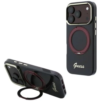 Калъф Guess Ring Stand Script Metal Logo MagSafe (GUHMP18L6HCCMSU) - iPhone 18 Pro / iPhone 17 Pro - Бордо