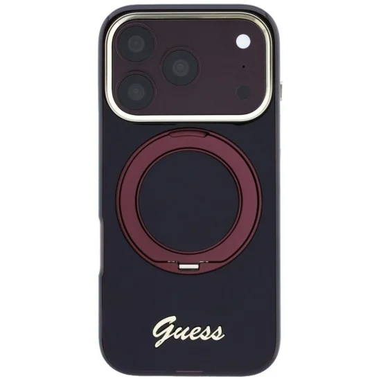 Калъф Guess Ring Stand Script Metal Logo MagSafe (GUHMP18L6HCCMSU) - iPhone 18 Pro / iPhone 17 Pro - Бордо