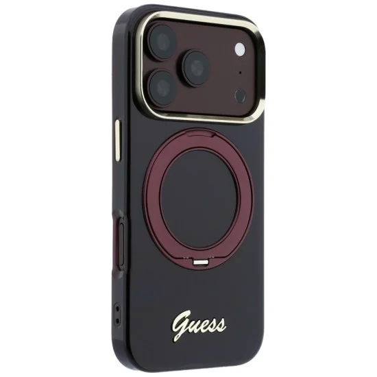Калъф Guess Ring Stand Script Metal Logo MagSafe (GUHMP18L6HCCMSU) - iPhone 18 Pro / iPhone 17 Pro - Бордо