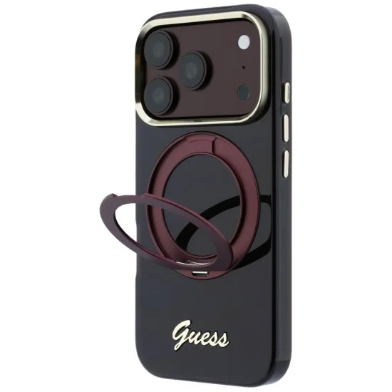 Калъф Guess Ring Stand Script Metal Logo MagSafe (GUHMP18L6HCCMSU) - iPhone 18 Pro / iPhone 17 Pro - Бордо