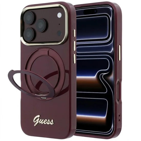 Калъф Guess Ring Stand Script Metal Logo MagSafe (GUHMP18L6HCCMSU) - iPhone 18 Pro / iPhone 17 Pro - Бордо