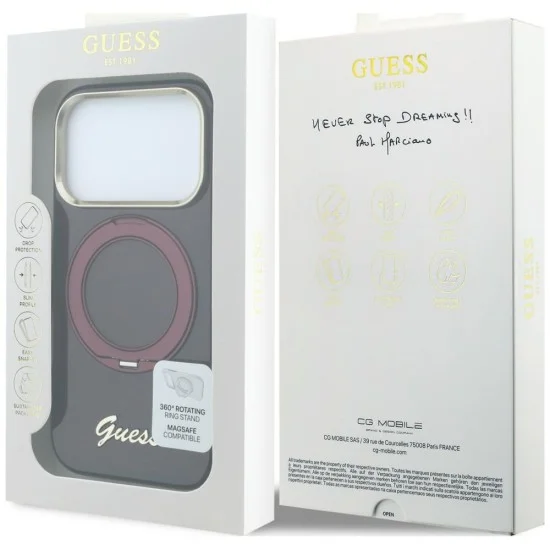 Калъф Guess Ring Stand Script Metal Logo MagSafe (GUHMP18L6HCCMSU) - iPhone 18 Pro / iPhone 17 Pro - Бордо