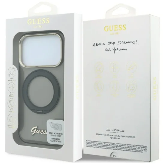 Калъф Guess Ring Stand Script Metal Logo MagSafe (GUHMP18X6HCCMSK) - iPhone 18 Pro Max / iPhone 17 Pro Max - Черен
