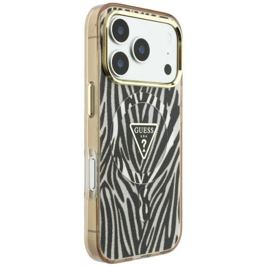 Калъф Guess Zebra Glitter Triangle Logo MagSafe (GUHMP18X6HZPGTLD) - iPhone 18 Pro Max / iPhone 17 Pro Max - Златист