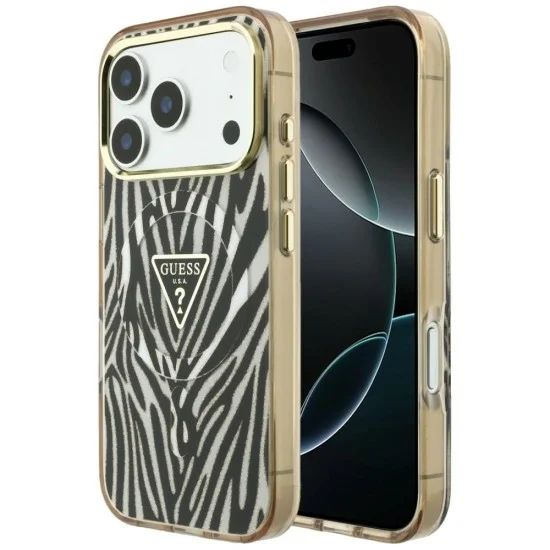 Калъф Guess Zebra Glitter Triangle Logo MagSafe (GUHMP18X6HZPGTLD) - iPhone 18 Pro Max / iPhone 17 Pro Max - Златист