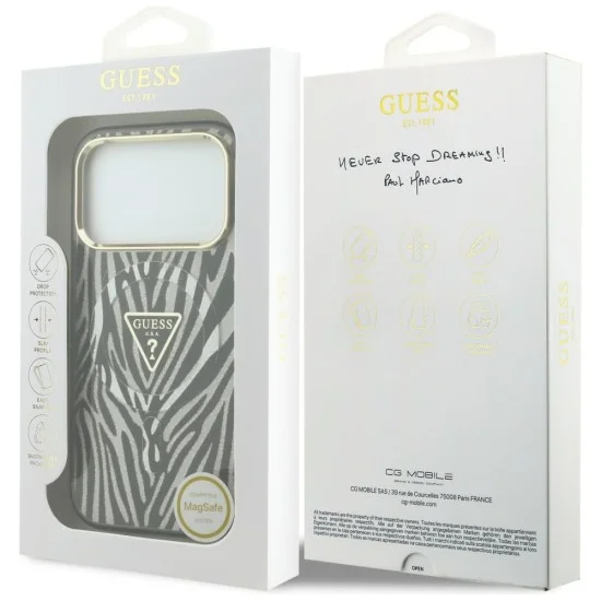 Калъф Guess Zebra Glitter Triangle Logo MagSafe (GUHMP18X6HZPGTLS) - iPhone 18 Pro Max / iPhone 17 Pro Max - Сребрист