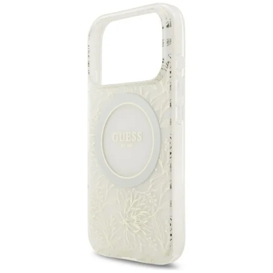 Калъф Guess IML Flowers Electroplated with Pearl Strap MagSafe (GUHMP18LHCPOFPH) - iPhone 18 Pro / iPhone 17 Pro - Бял