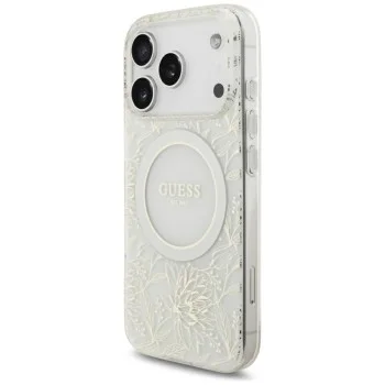 Калъф Guess IML Flowers Electroplated with Pearl Strap MagSafe (GUHMP18LHCPOFPH) - iPhone 18 Pro / iPhone 17 Pro - Бял