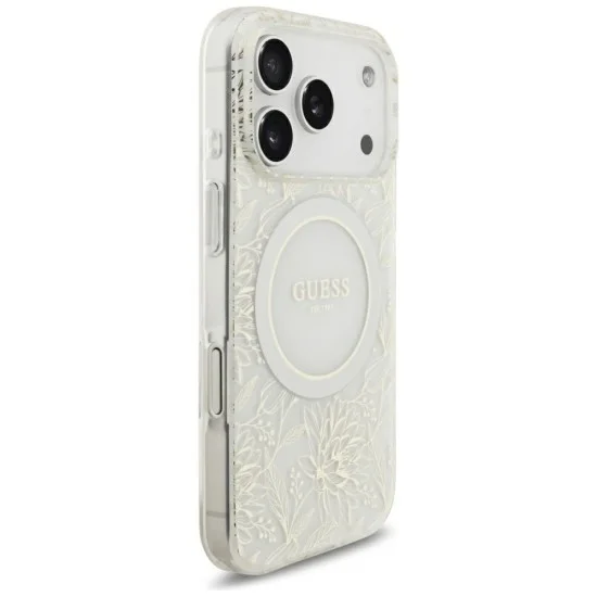 Калъф Guess IML Flowers Electroplated with Pearl Strap MagSafe (GUHMP18LHCPOFPH) - iPhone 18 Pro / iPhone 17 Pro - Бял