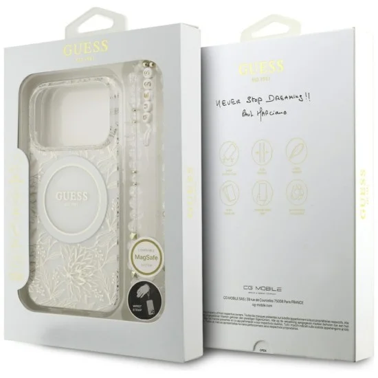 Калъф Guess IML Flowers Electroplated with Pearl Strap MagSafe (GUHMP18XHCPOFPH) - iPhone 18 Pro Max / iPhone 17 Pro Max - Бял
