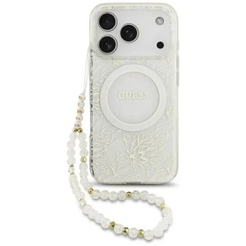 Калъф Guess IML Flowers Electroplated with Pearl Strap MagSafe (GUHMP18XHCPOFPH) - iPhone 18 Pro Max / iPhone 17 Pro Max - Бял