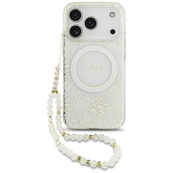 Калъф Guess IML Flowers Electroplated with Pearl Strap MagSafe (GUHMP18XHCPOFPH) - iPhone 18 Pro Max / iPhone 17 Pro Max - Бял