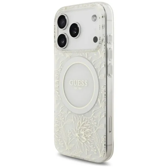 Калъф Guess IML Flowers Electroplated with Pearl Strap MagSafe (GUHMP18XHCPOFPH) - iPhone 18 Pro Max / iPhone 17 Pro Max - Бял
