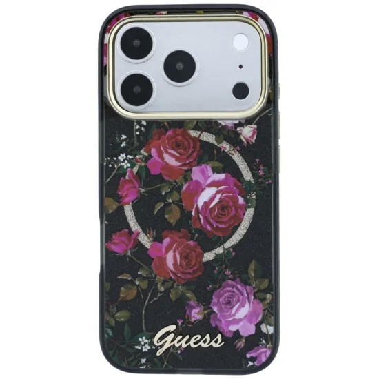 Калъф Guess IML Glitter Blossom Roses MagSafe (GUHMP18L6HTBGSLK) - iPhone 18 Pro / iPhone 17 Pro - Черен