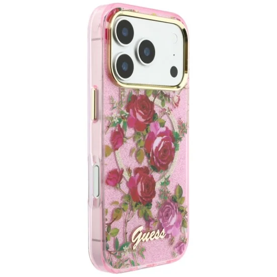 Калъф Guess IML Glitter Blossom Roses MagSafe (GUHMP18L6HTBGSLP) - iPhone 18 Pro / iPhone 17 Pro - Розов