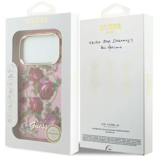 Калъф Guess IML Glitter Blossom Roses MagSafe (GUHMP18L6HTBGSLP) - iPhone 18 Pro / iPhone 17 Pro - Розов