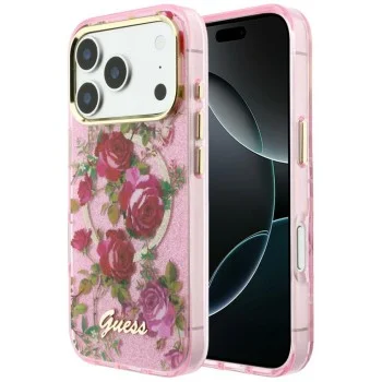 Калъф Guess IML Glitter Blossom Roses MagSafe (GUHMP18L6HTBGSLP) - iPhone 18 Pro / iPhone 17 Pro - Розов