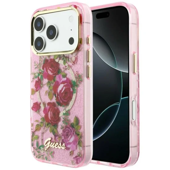 Калъф Guess IML Glitter Blossom Roses MagSafe (GUHMP18L6HTBGSLP) - iPhone 18 Pro / iPhone 17 Pro - Розов