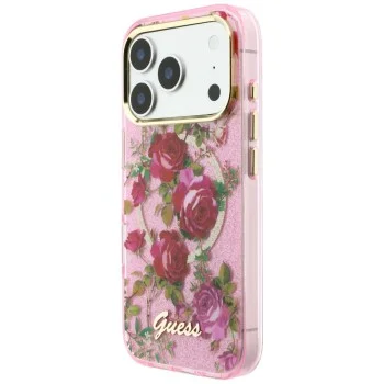 Калъф Guess IML Glitter Blossom Roses MagSafe (GUHMP18L6HTBGSLP) - iPhone 18 Pro / iPhone 17 Pro - Розов