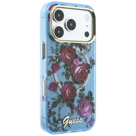 Калъф Guess IML Glitter Blossom Roses MagSafe (GUHMP18X6HTBGSLB) - iPhone 18 Pro Max / iPhone 17 Pro Max - Светлосин