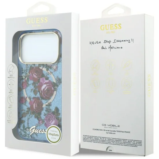 Калъф Guess IML Glitter Blossom Roses MagSafe (GUHMP18X6HTBGSLB) - iPhone 18 Pro Max / iPhone 17 Pro Max - Светлосин