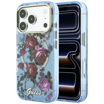 Калъф Guess IML Glitter Blossom Roses MagSafe (GUHMP18X6HTBGSLB) - iPhone 18 Pro Max / iPhone 17 Pro Max - Светлосин