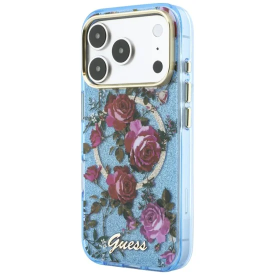 Калъф Guess IML Glitter Blossom Roses MagSafe (GUHMP18X6HTBGSLB) - iPhone 18 Pro Max / iPhone 17 Pro Max - Светлосин