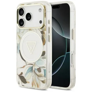 Калъф Guess IML Glitter Flowers Triangle MagSafe (GUHMP18LHFLPEDH) - iPhone 18 Pro / iPhone 17 Pro - Бял