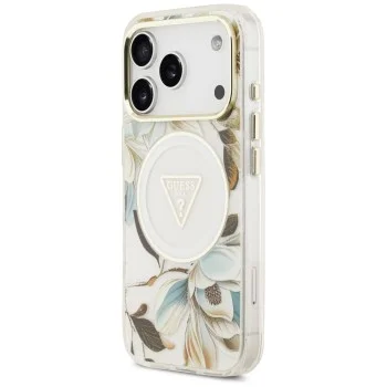 Калъф Guess IML Glitter Flowers Triangle MagSafe (GUHMP18LHFLPEDH) - iPhone 18 Pro / iPhone 17 Pro - Бял