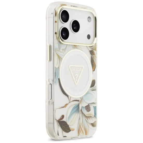 Калъф Guess IML Glitter Flowers Triangle MagSafe (GUHMP18LHFLPEDH) - iPhone 18 Pro / iPhone 17 Pro - Бял