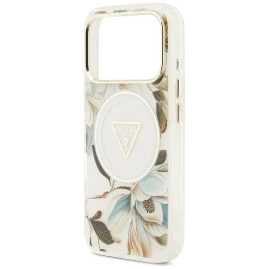 Калъф Guess IML Glitter Flowers Triangle MagSafe (GUHMP18LHFLPEDH) - iPhone 18 Pro / iPhone 17 Pro - Бял