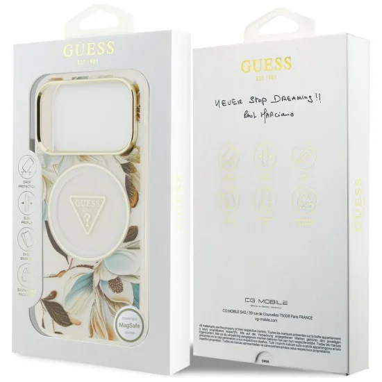 Калъф Guess IML Glitter Flowers Triangle MagSafe (GUHMP18LHFLPEDH) - iPhone 18 Pro / iPhone 17 Pro - Бял