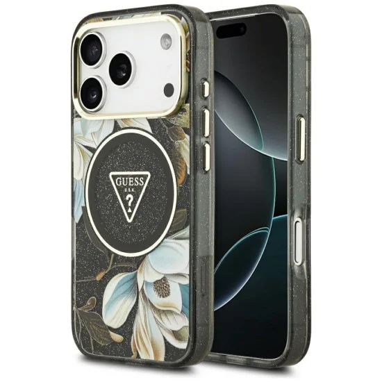 Калъф Guess IML Glitter Flowers Triangle MagSafe (GUHMP18LHFLPEDK) - iPhone 18 Pro / iPhone 17 Pro - Черен