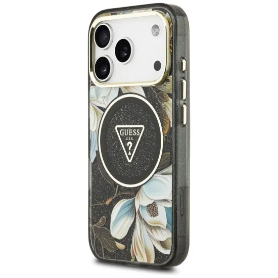 Калъф Guess IML Glitter Flowers Triangle MagSafe (GUHMP18LHFLPEDK) - iPhone 18 Pro / iPhone 17 Pro - Черен