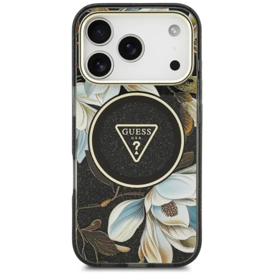 Калъф Guess IML Glitter Flowers Triangle MagSafe (GUHMP18LHFLPEDK) - iPhone 18 Pro / iPhone 17 Pro - Черен