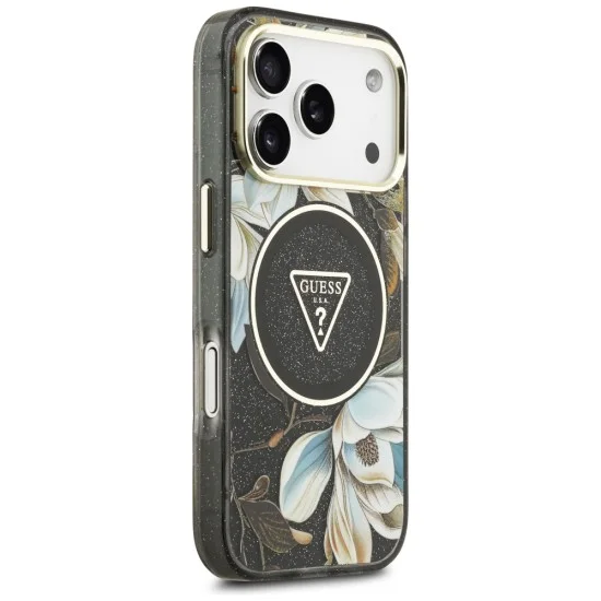 Калъф Guess IML Glitter Flowers Triangle MagSafe (GUHMP18LHFLPEDK) - iPhone 18 Pro / iPhone 17 Pro - Черен