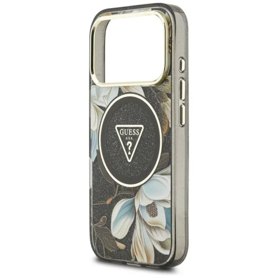 Калъф Guess IML Glitter Flowers Triangle MagSafe (GUHMP18LHFLPEDK) - iPhone 18 Pro / iPhone 17 Pro - Черен