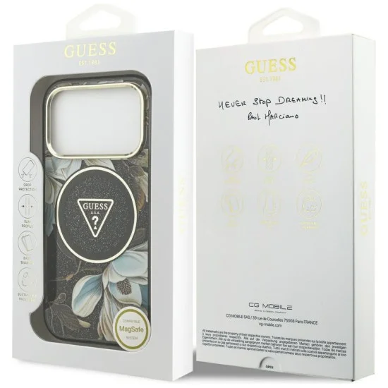 Калъф Guess IML Glitter Flowers Triangle MagSafe (GUHMP18LHFLPEDK) - iPhone 18 Pro / iPhone 17 Pro - Черен