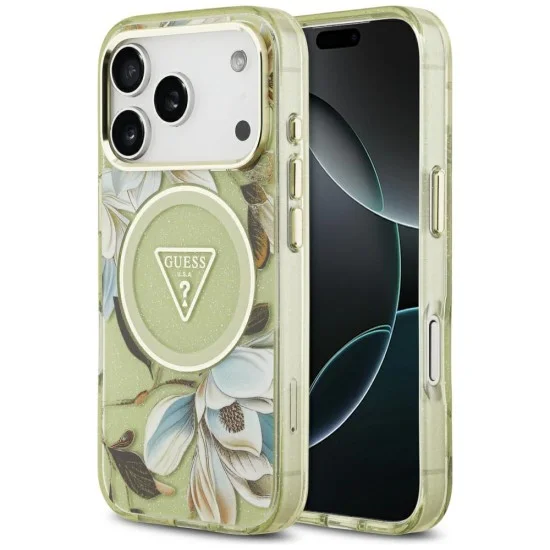Калъф Guess IML Glitter Flowers Triangle MagSafe (GUHMP18LHFLPEDN) - iPhone 18 Pro / iPhone 17 Pro - Зелен