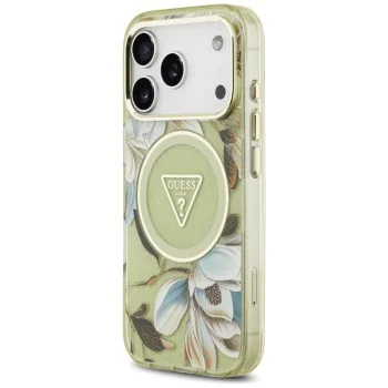 Калъф Guess IML Glitter Flowers Triangle MagSafe (GUHMP18LHFLPEDN) - iPhone 18 Pro / iPhone 17 Pro - Зелен