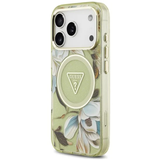 Калъф Guess IML Glitter Flowers Triangle MagSafe (GUHMP18LHFLPEDN) - iPhone 18 Pro / iPhone 17 Pro - Зелен