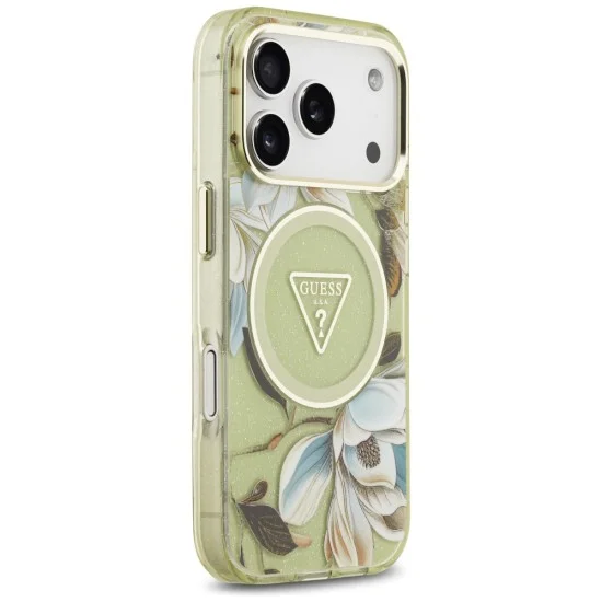 Калъф Guess IML Glitter Flowers Triangle MagSafe (GUHMP18LHFLPEDN) - iPhone 18 Pro / iPhone 17 Pro - Зелен