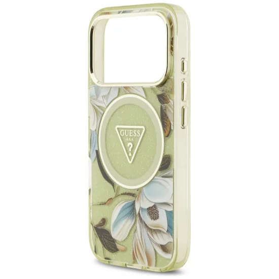 Калъф Guess IML Glitter Flowers Triangle MagSafe (GUHMP18LHFLPEDN) - iPhone 18 Pro / iPhone 17 Pro - Зелен