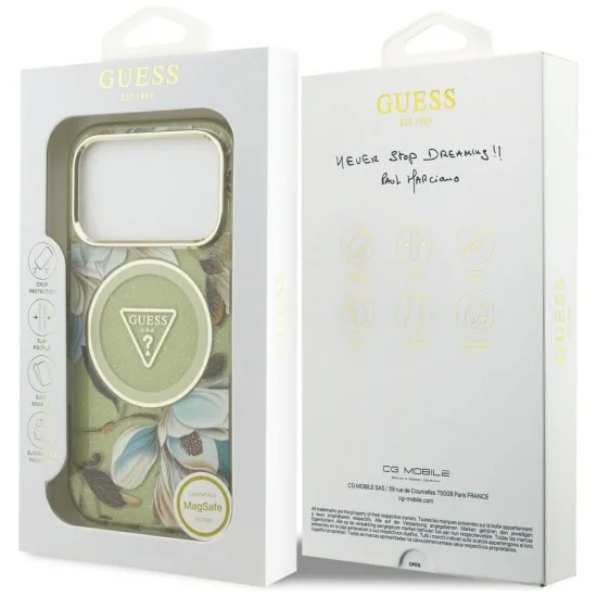 Калъф Guess IML Glitter Flowers Triangle MagSafe (GUHMP18LHFLPEDN) - iPhone 18 Pro / iPhone 17 Pro - Зелен