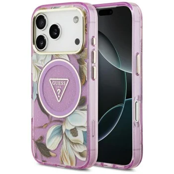 Калъф Guess IML Glitter Flowers Triangle MagSafe (GUHMP18LHFLPEDU) - iPhone 18 Pro / iPhone 17 Pro - Лилав