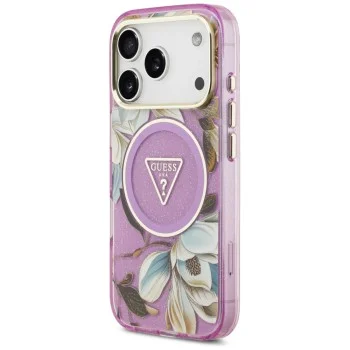 Калъф Guess IML Glitter Flowers Triangle MagSafe (GUHMP18LHFLPEDU) - iPhone 18 Pro / iPhone 17 Pro - Лилав