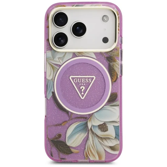 Калъф Guess IML Glitter Flowers Triangle MagSafe (GUHMP18LHFLPEDU) - iPhone 18 Pro / iPhone 17 Pro - Лилав
