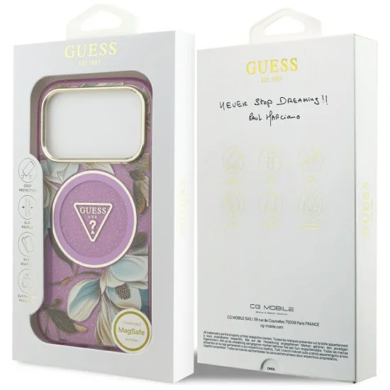 Калъф Guess IML Glitter Flowers Triangle MagSafe (GUHMP18LHFLPEDU) - iPhone 18 Pro / iPhone 17 Pro - Лилав